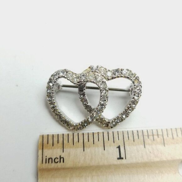 Vintage Double Rhinestone Heart Brooch, Silver Tone Sweetheart Lapel Pin, Estate - Picture 5 of 7